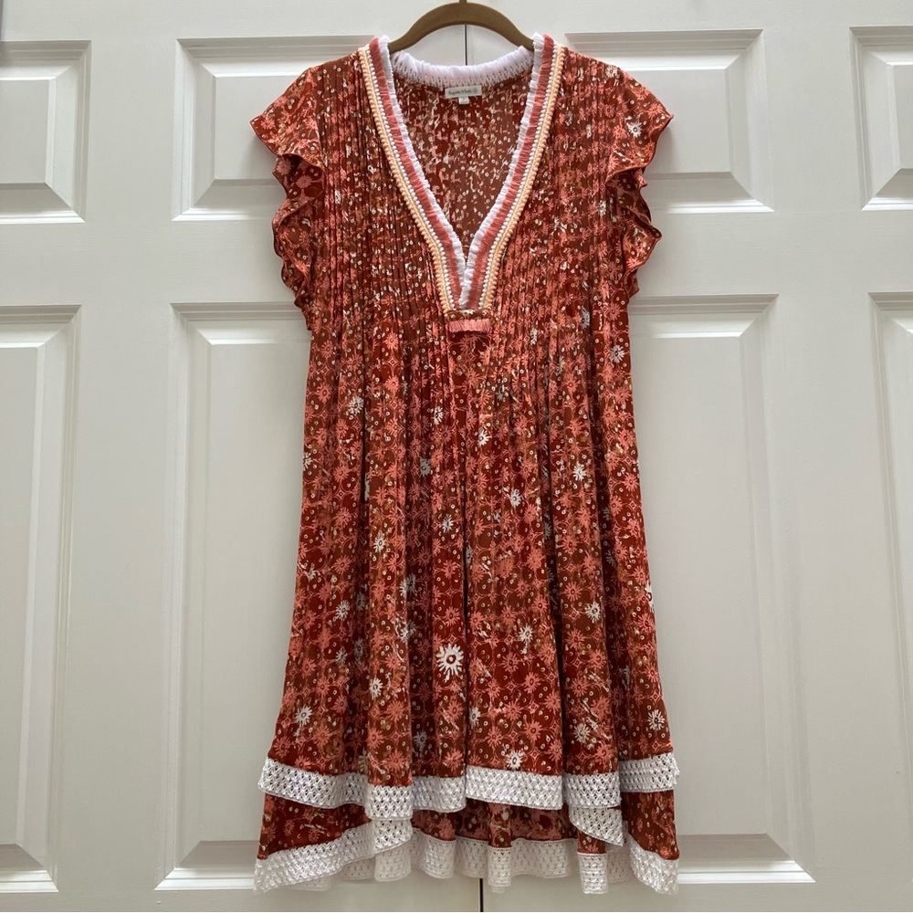 Poupette St Barth Sasha Mini Dress Floral Crochet Fringe Pintuck Flutter Small